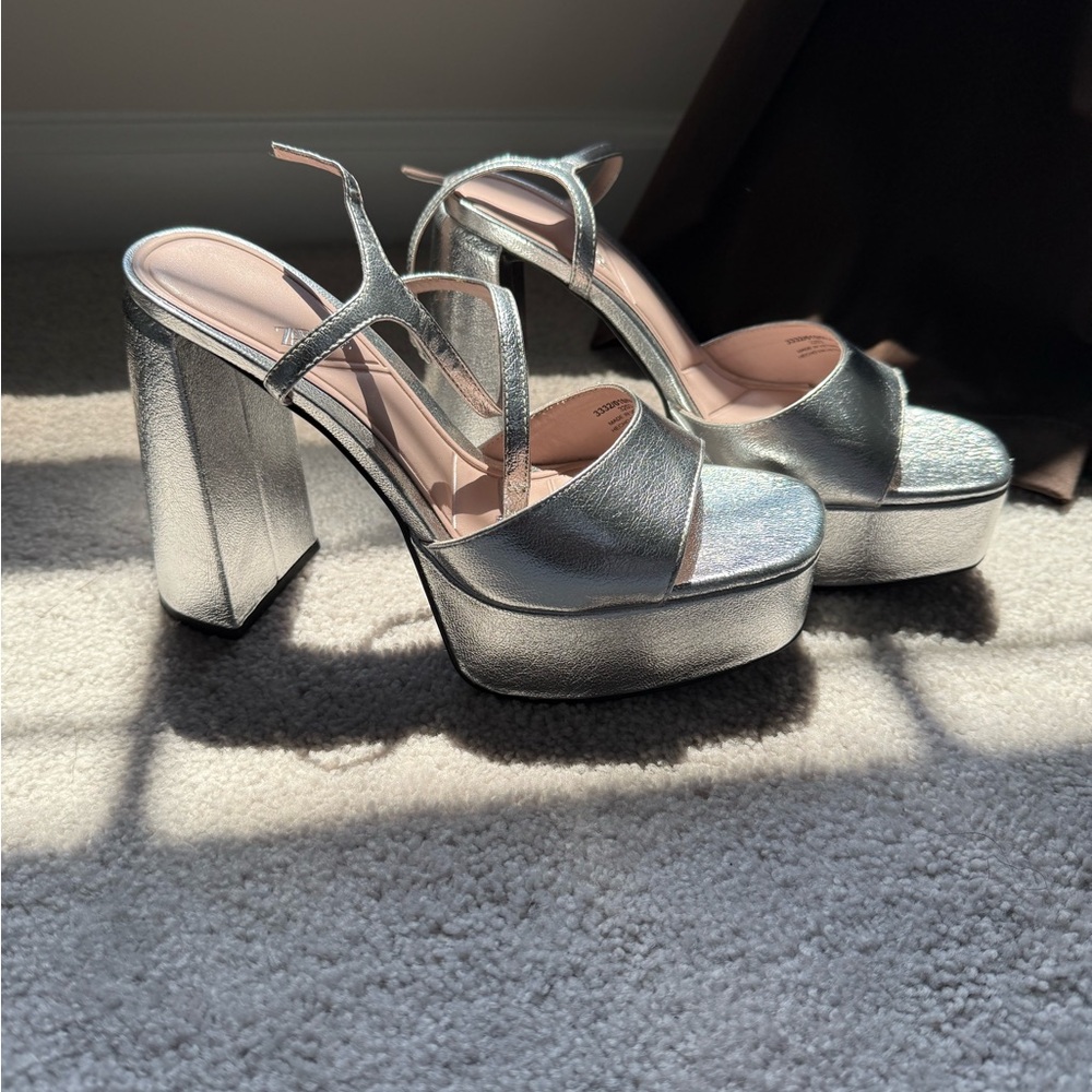 Zara Silver Platform Sandals with Chunky Heel